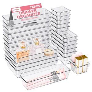 Clear Drawer Organizer Trays 24 PCS Makeup Vanity Desk Bathroom Kitchen Storage